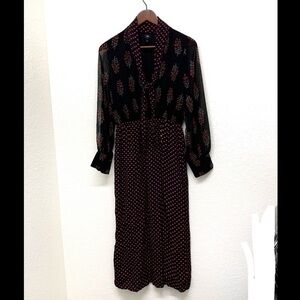 River Island tie neck navy midi dress with dainty red flowers. Size 8